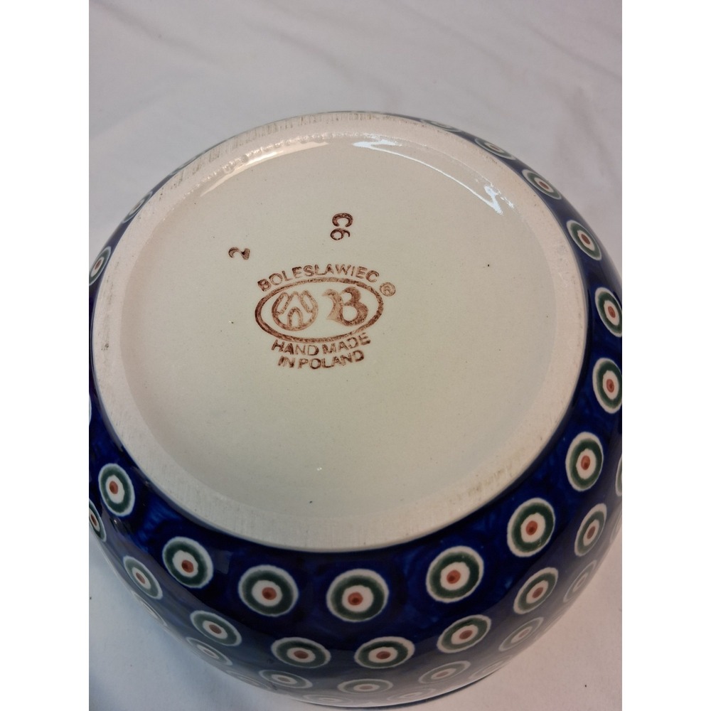 BOLESLAWIEC 8"(W) X 4.25" (H) BOWL HAND PAINTED & HANDMADE PEACOCK PATRN & TREES - Picture 4 of 6